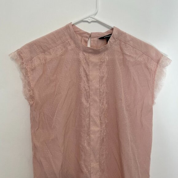 EXPRESS Light Baby Pink Textured Swiss Dot Lace Trim High Neck Coquette Blouse S - Picture 2 of 11